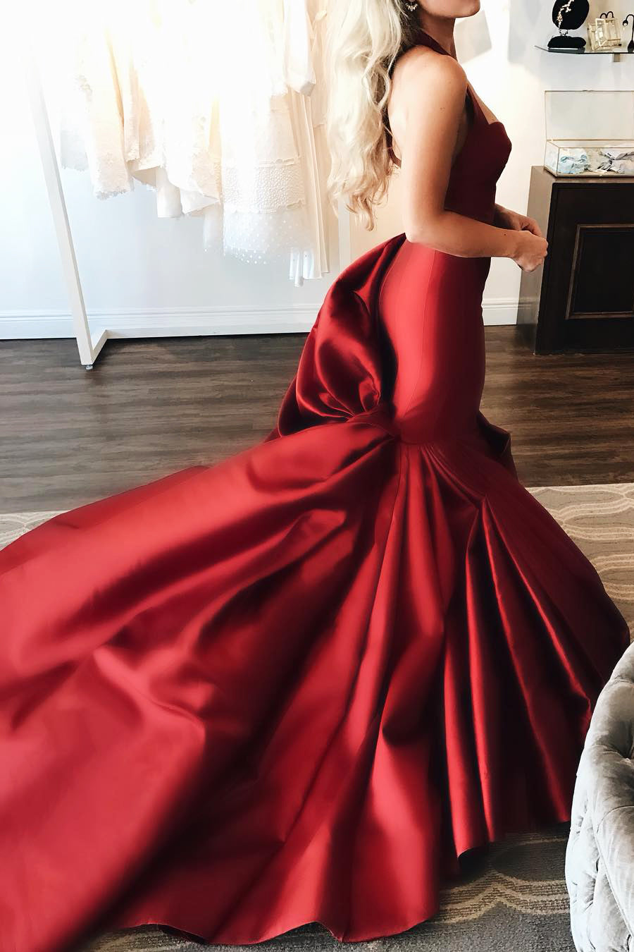 Modern Red Stain Wedding Dresses, Mermaid Wedding Dresses, Chic Long Bridal Gown