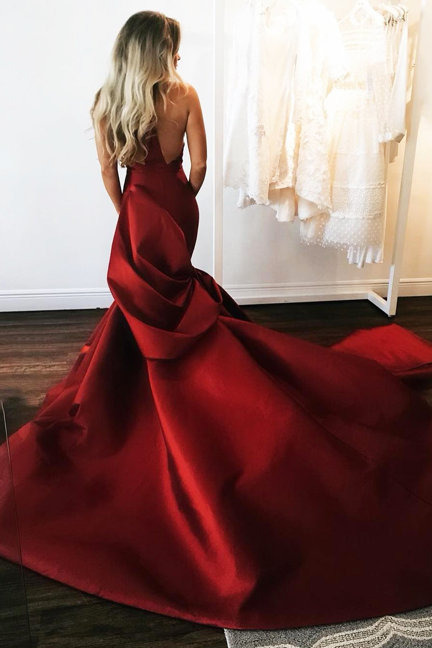 Modern Red Stain Wedding Dresses, Mermaid Wedding Dresses, Chic Long Bridal Gown