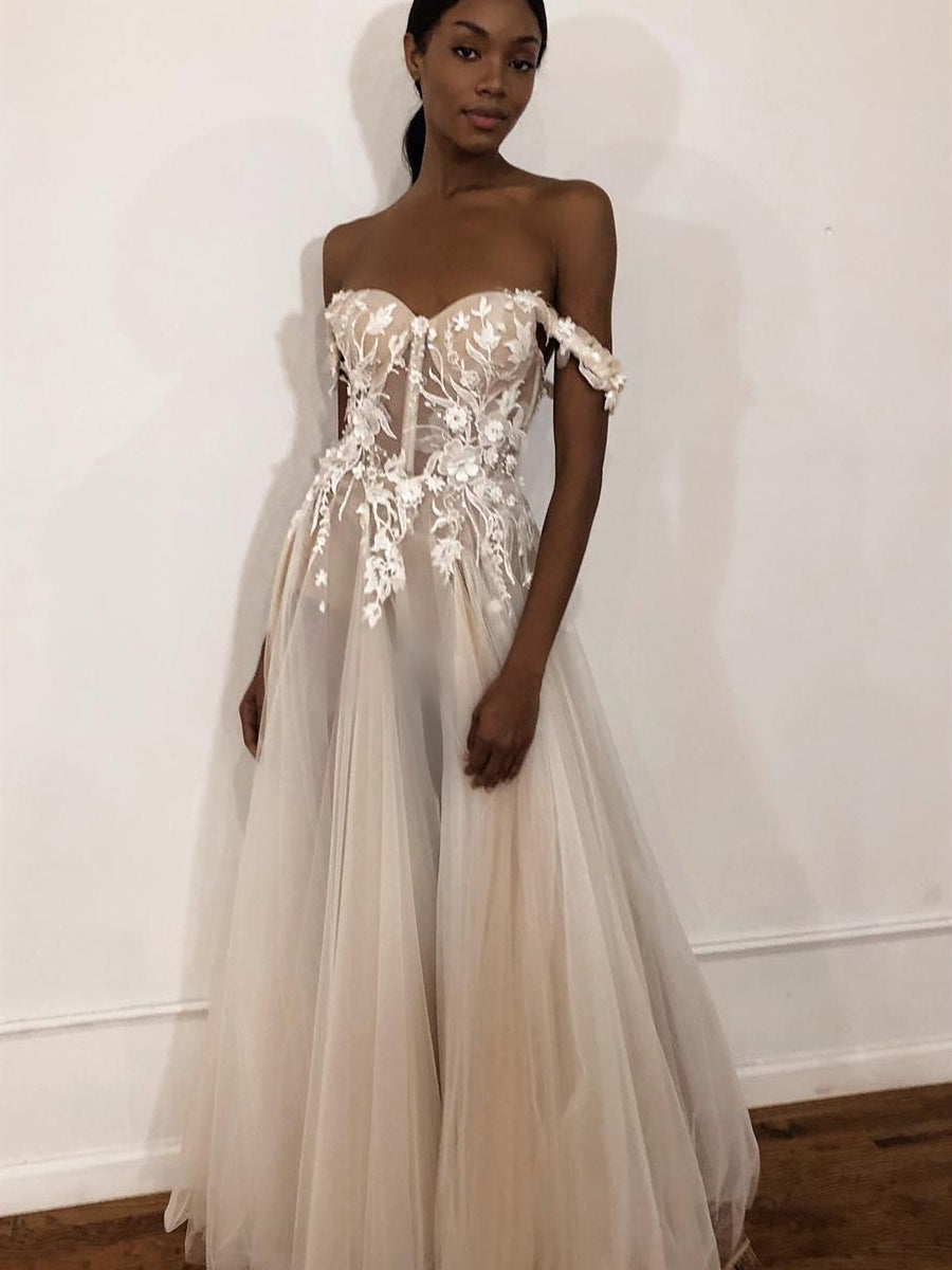 Off Shoulder Long A-line Tulle Lace Wedding Dresses, Sheer Long Wedding Dresses, Wedding Gown