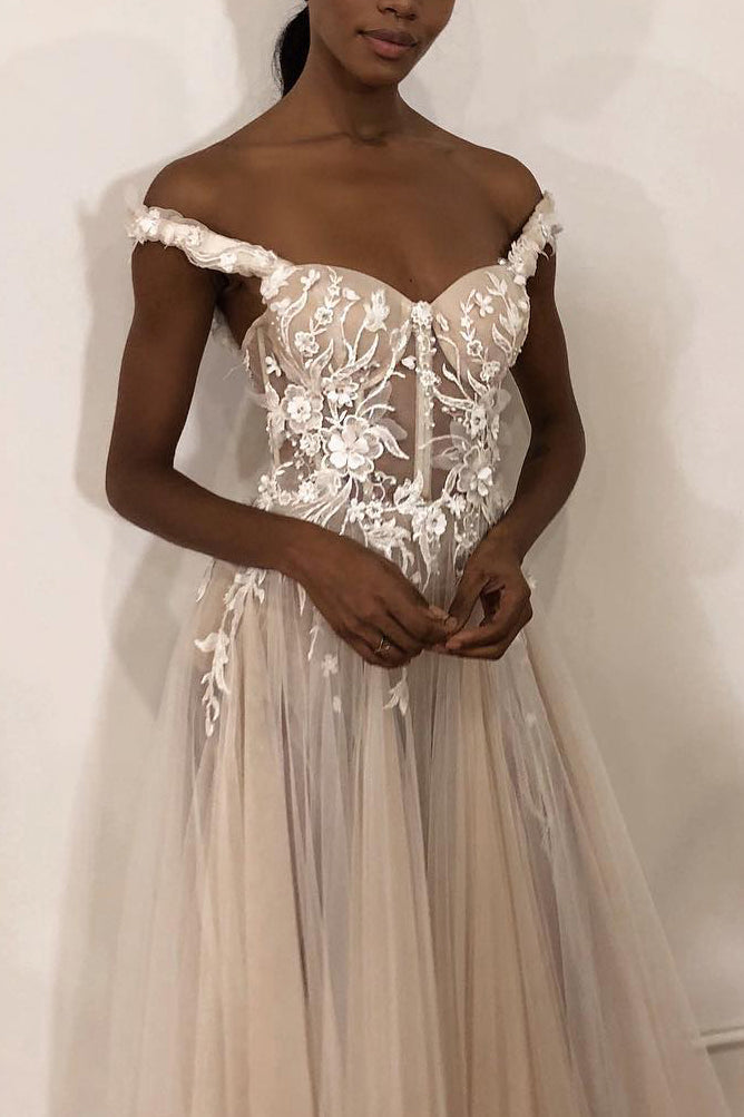 Off Shoulder Long A-line Tulle Lace Wedding Dresses, Sheer Long Wedding Dresses, Wedding Gown