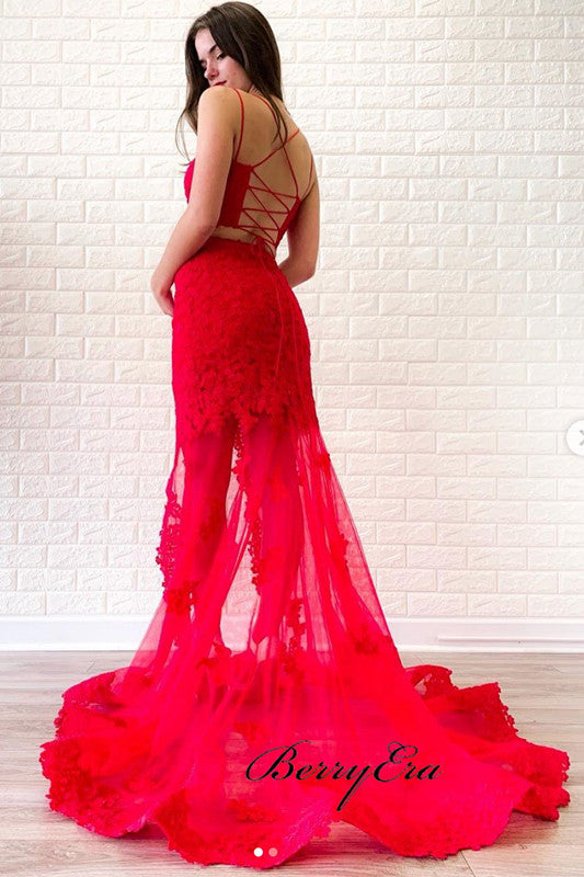 Two Pieces Mermaid Long Prom Dresses, Straps Lace Prom Dresses, Popular Prom Dresses