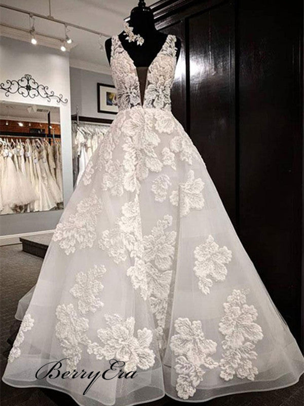 Modest Applique A-line Wedding Dresses, Popular V-neck Bridal Gowns, Wedding Dresses