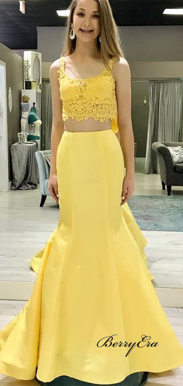 Two Pieces Lace Prom Dresses 2019, Mermaid Satin Prom Dresses, Yellow Prom Dresses