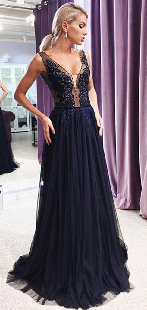 Dark Navy Appliques Tulle Long A-line Beaded Prom Dresses