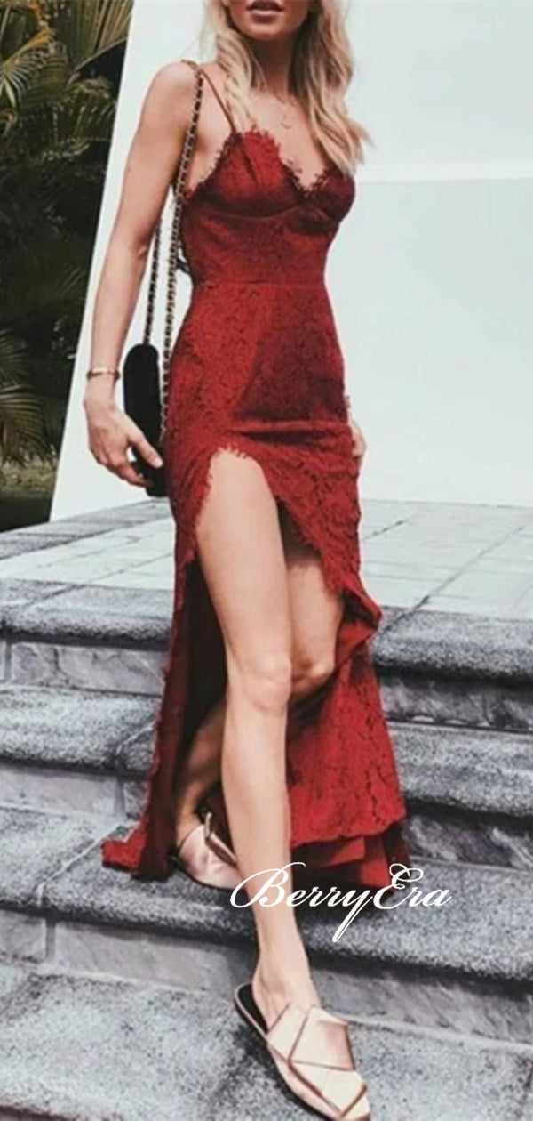Spaghetti Straps Lace Long Prom Dresses, High Slit Sexy 2020 Long Prom Dresses