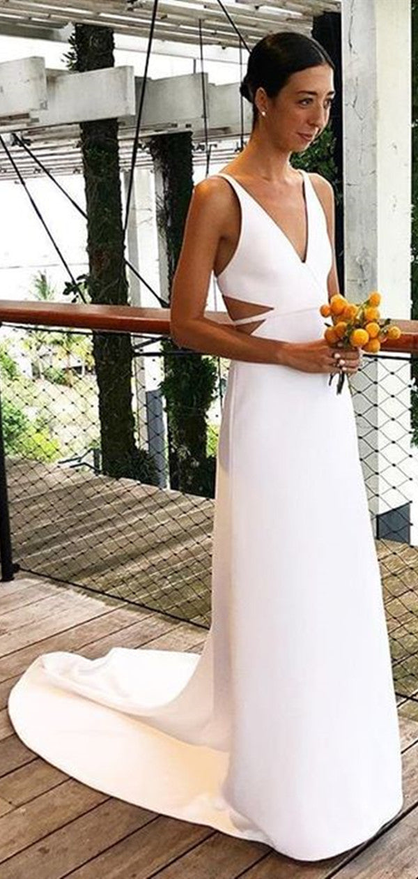 V-neck Simple Custom Wedding Dresses, Affordable Wedding Dresses, Beach Wedding Dresses