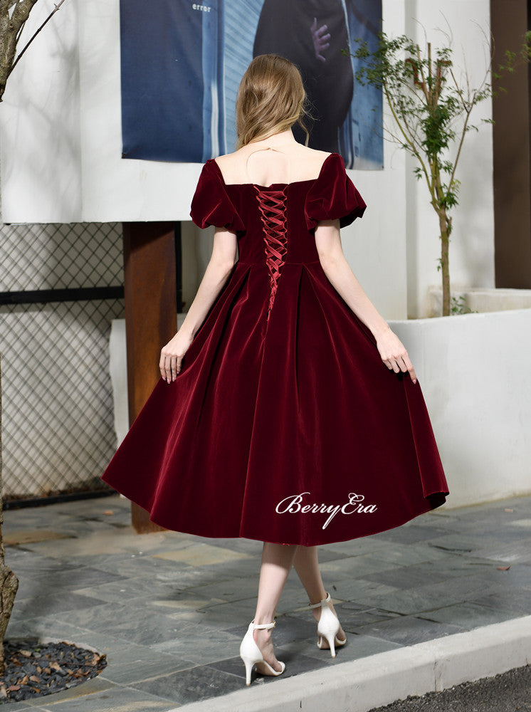 Lovely Puff Sleeves Prom Dresses, 2020 Newest Velvet A-line Prom Dresses