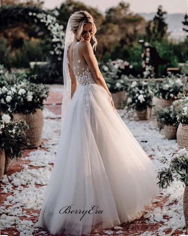 A-line Tulle Wedding Dresses, Popular Wedding Dresses, Lace Wedding Dresses