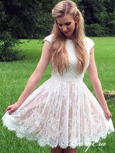 Cap Sleeves Beaded Top Lace Short Prom Dresses, Homecoming Dresses