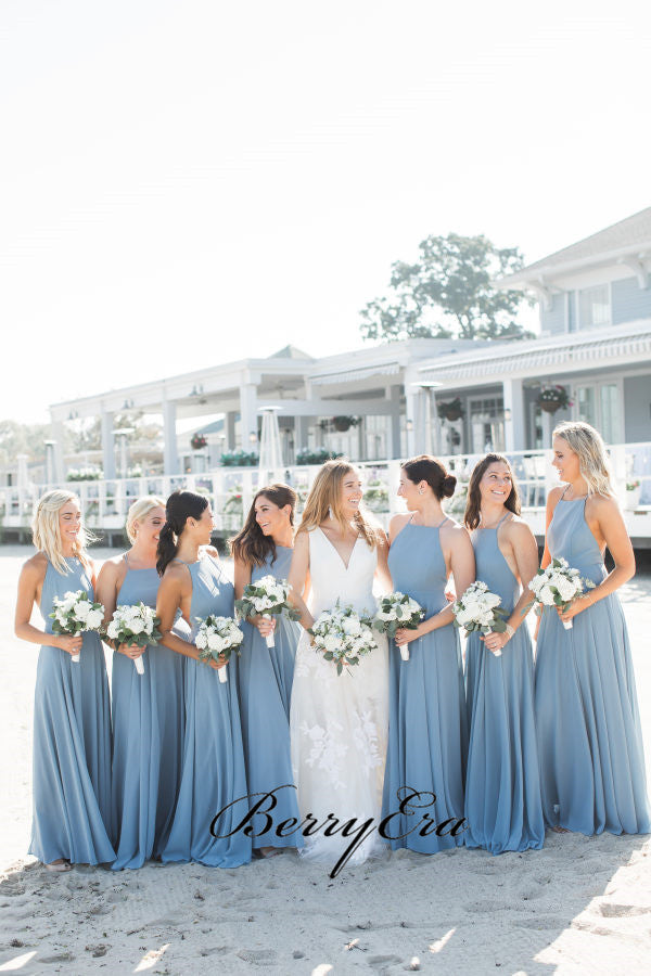 Halter Long A-line Sky Blue Bridesmaid Dresses, Chiffon Bridesmaid Dresses