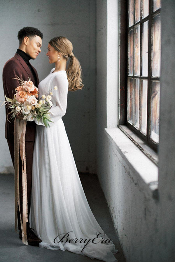 Long Sleeves Chiffon Wedding Dresses, Popular Wedding Dresses, Newest Bridal Gown
