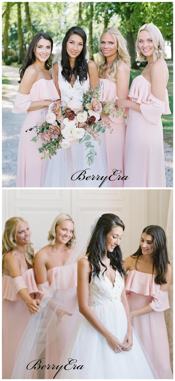 Strapless Pink Chiffon Bridesmaid Dresses, A-line Wedding Bridesmaid Dresses