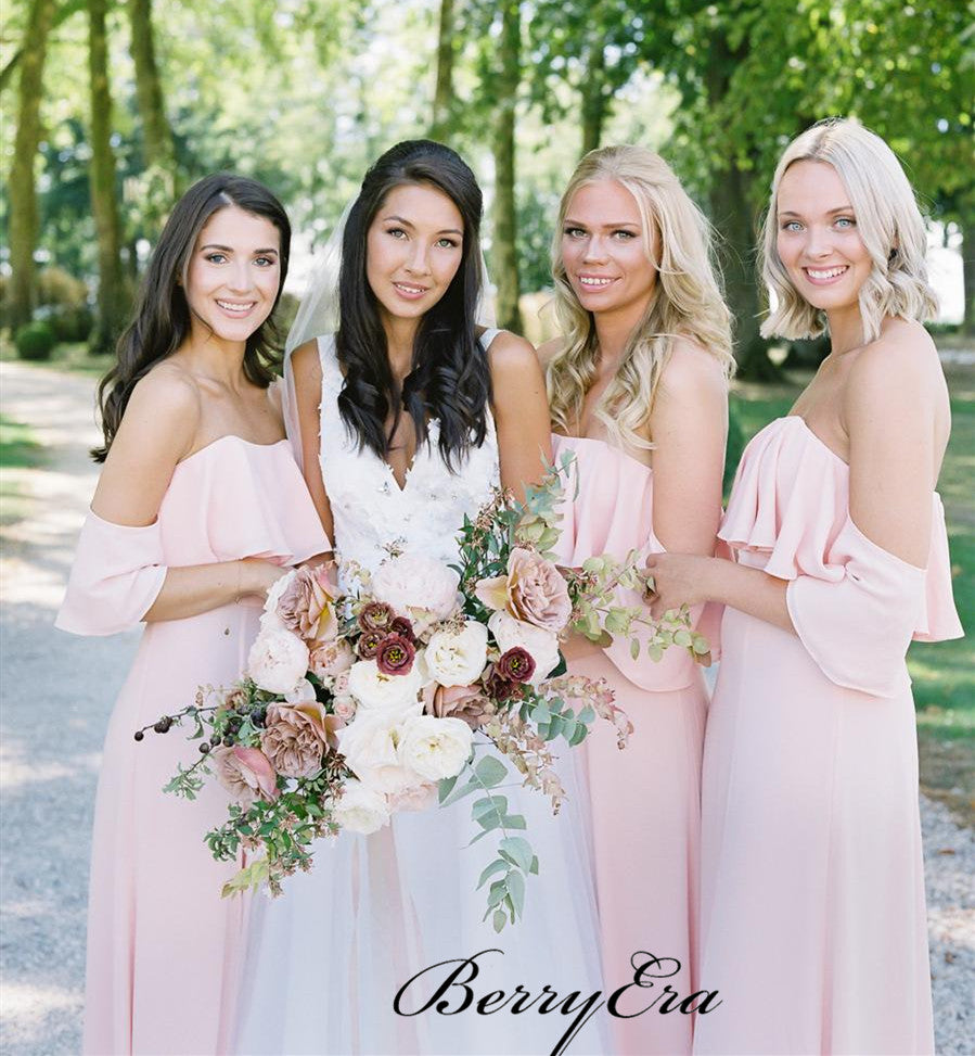 Strapless Pink Chiffon Bridesmaid Dresses, A-line Wedding Bridesmaid Dresses