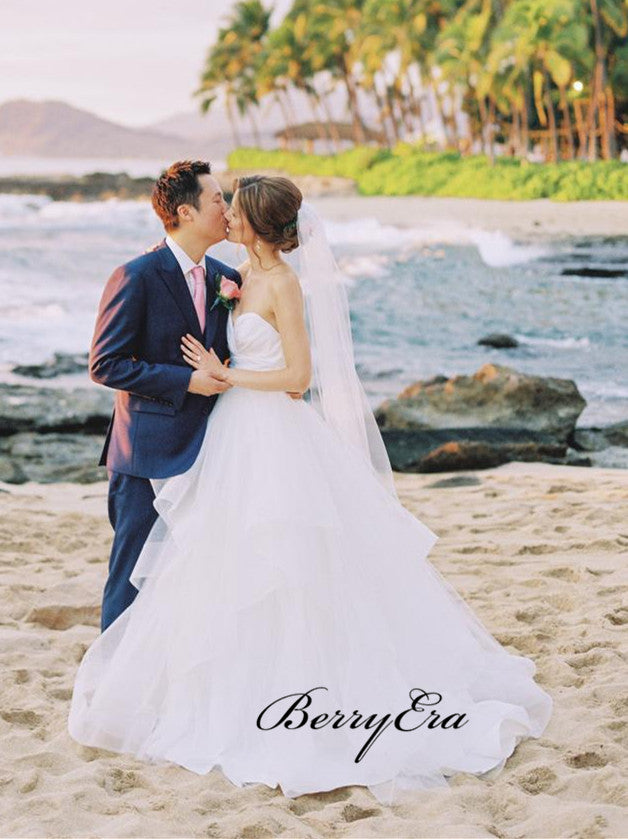 Sweetheart A-line Tulle Wedding Dresses, Strapless Elegant Beach Wedding Dresses
