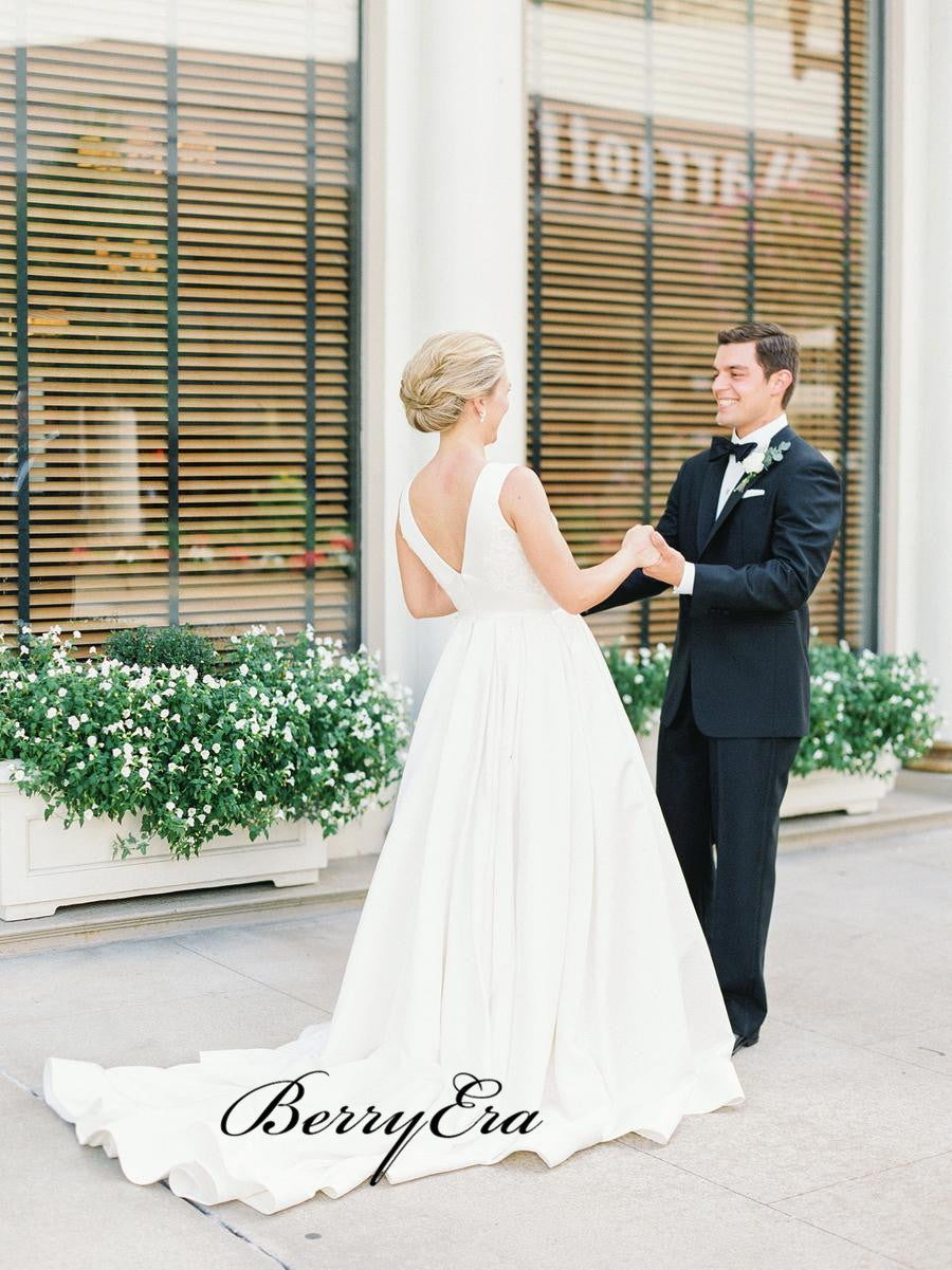 A-line Stain Simple Wedding Dresses, Lace V-neck Wedding Dresses 2019