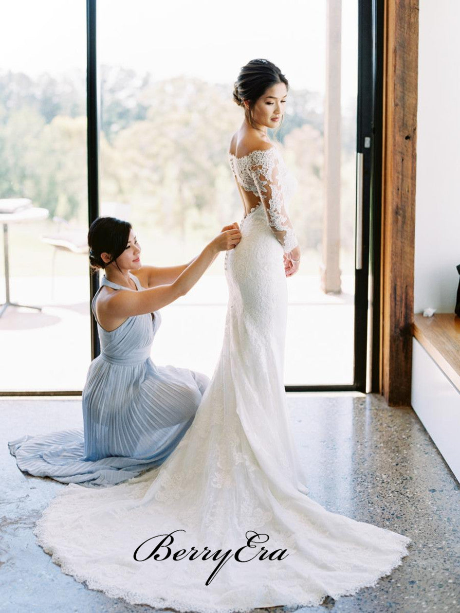 Elegant Long Lace Mermaid Wedding Dresses, Long Sleeves Wedding Dresses