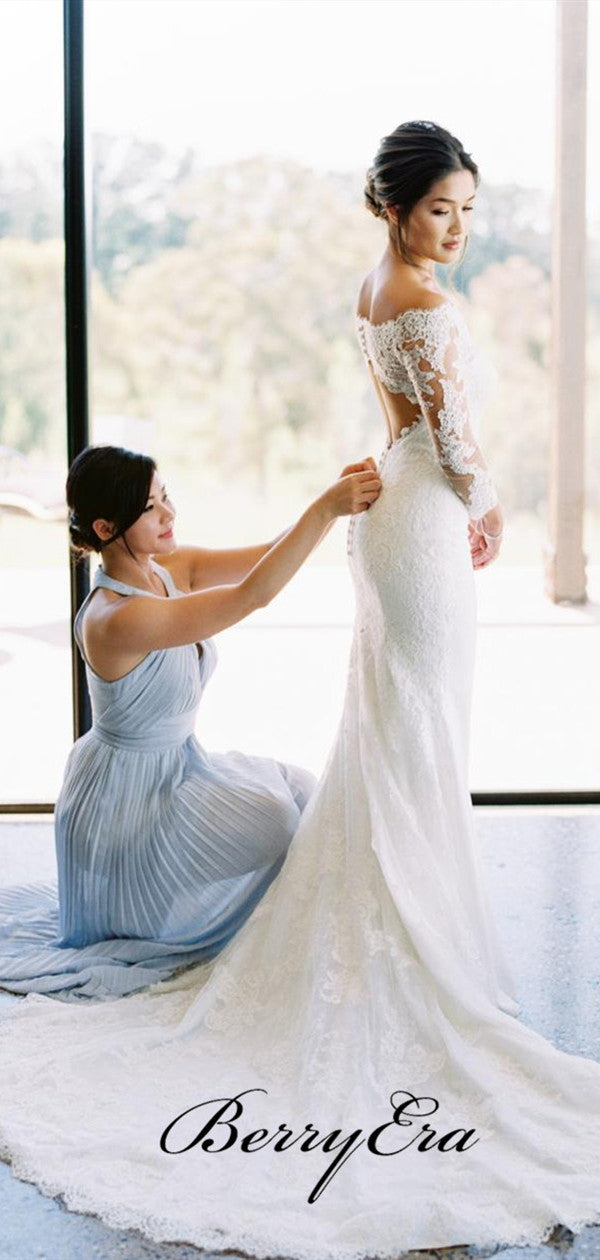 Elegant Long Lace Mermaid Wedding Dresses, Long Sleeves Wedding Dresses