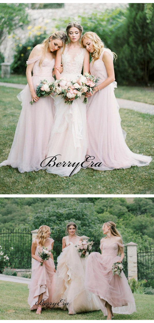 Light Pink Off Shoulder Bridesmaid Dresses, Tulle A-line Bridesmaid Dresses