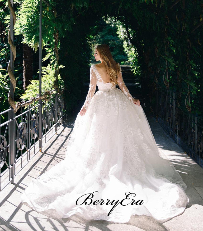 Long Sleeves Lace A-line Wedding Dresses, Popular Elegant Wedding Dresses