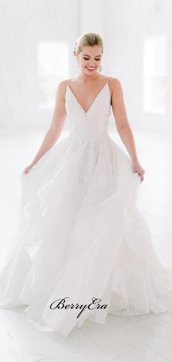 A-line Tulle Lace Wedding Dresses, Straps Backless Wedding Dresses