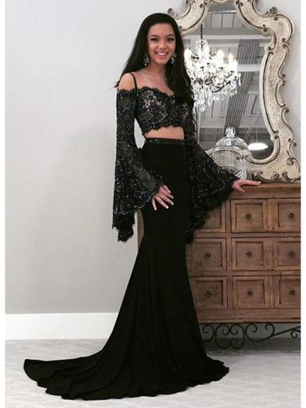 Two Pieces Lace Long Prom Dresses, Long Sleeves 2020 Prom Dresses