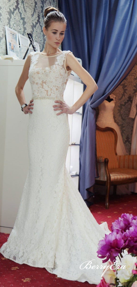 Ivory Lace Long Memraid Elegant Wedding Dresses With Beaded Waist