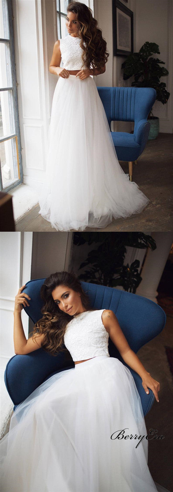 2 Pieces Lace Top Ivory Tulle Skirt Long Wedding Dresses, Bridal Gown