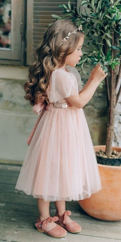 Round Neck Sequin Tulle Flower Girl Dresses, Cute Little Girl Dresses, Blush Flower Girl Dresses