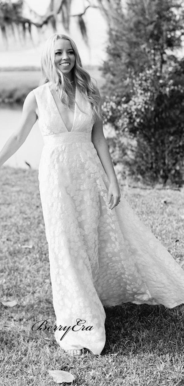 Deep V-neck Trendy Wedding Dresses, A-line Popular Lace Wedding Dresses