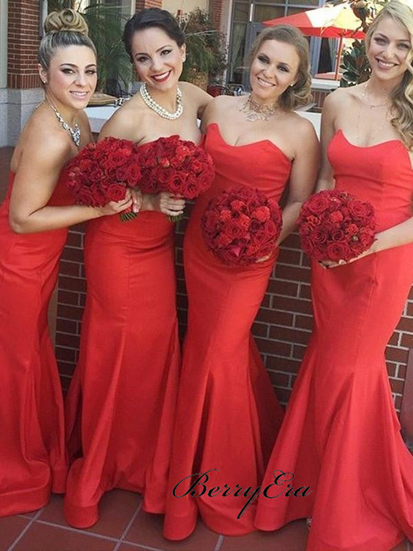 Sweetheart Strapless Bridesmaid Dresses, Red Color Mermaid Bridesmaid Dresses