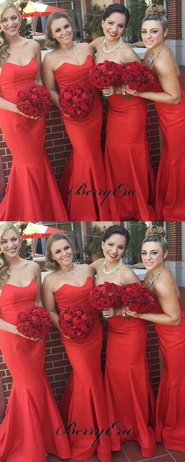 Sweetheart Strapless Bridesmaid Dresses, Red Color Mermaid Bridesmaid Dresses