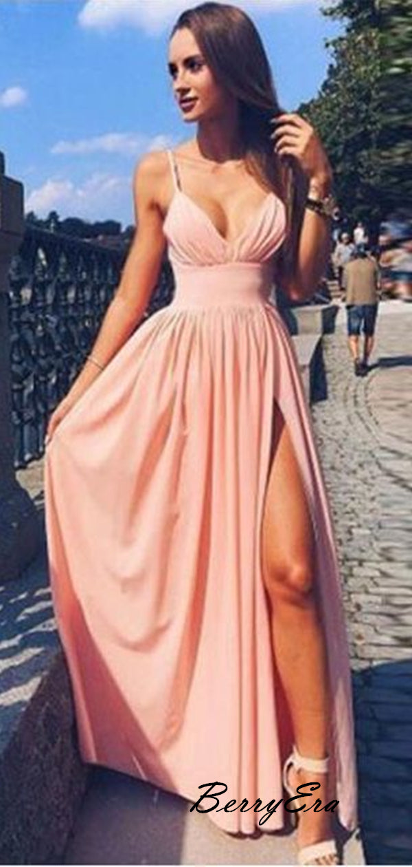 Sweet Pink Jersey A-line Prom Dresses, 2019 Newest Slit Prom Dresses