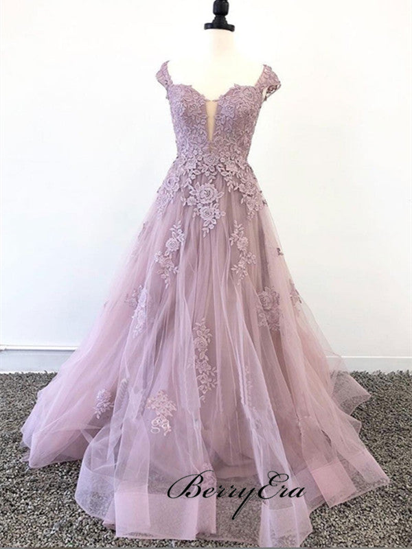 Cap Sleeves Lace Prom Dresses, Evening Party A-line Prom Dresses, Newest Prom Dresses
