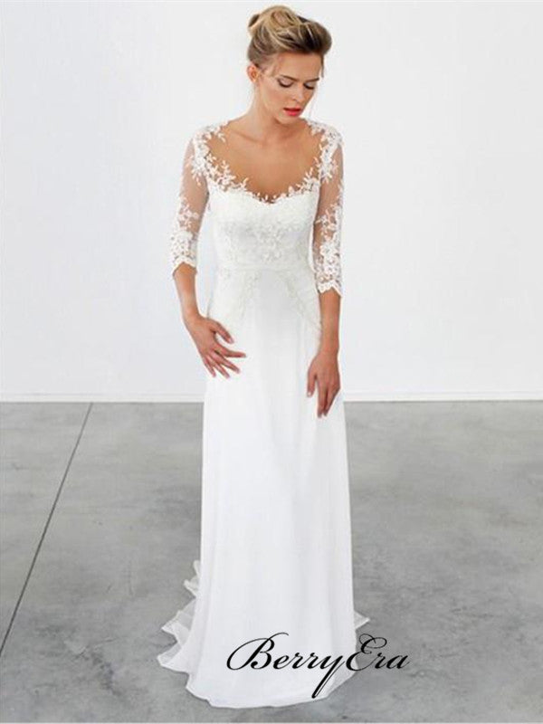 Unique Lace 3/4 Sleeve White Long Wedding Dresses，Formal Cheap Beach Bridal Gowns
