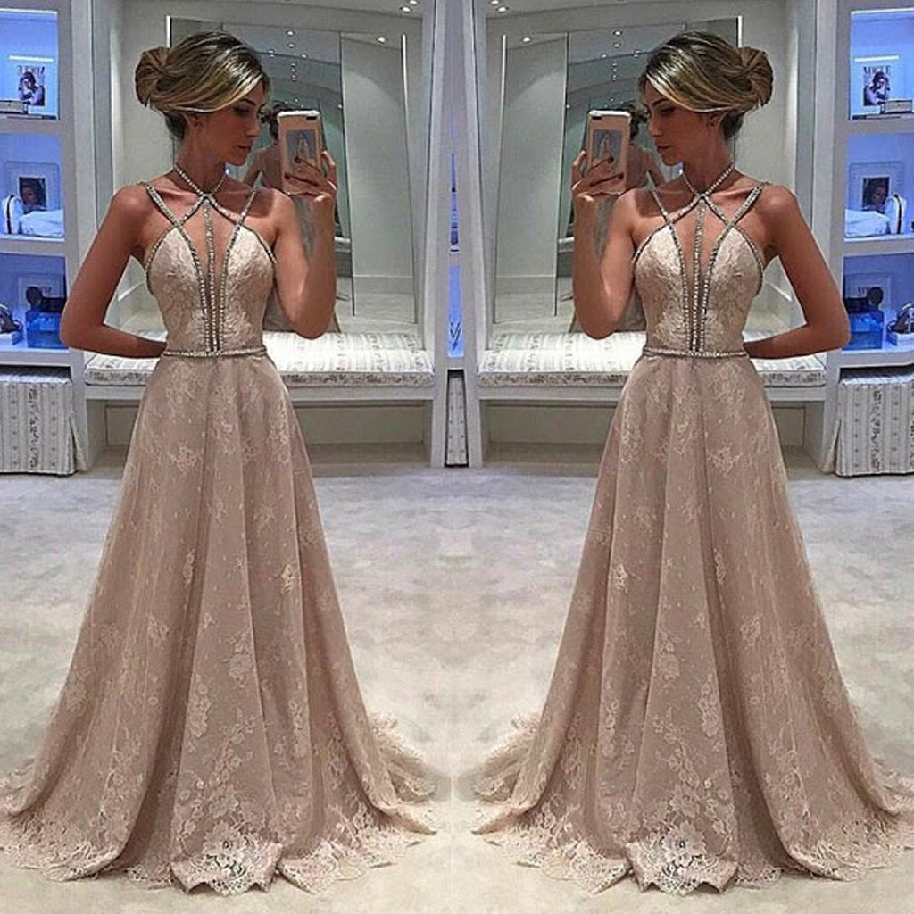 Spaghetti Strap Halter Full Lace Evening Party Prom Gown Dresses