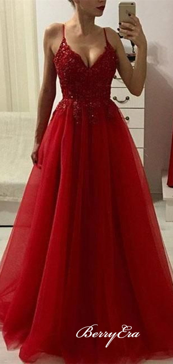 A-line Tulle Evening Party Prom Dresses, Beaded Popular Prom Dresses