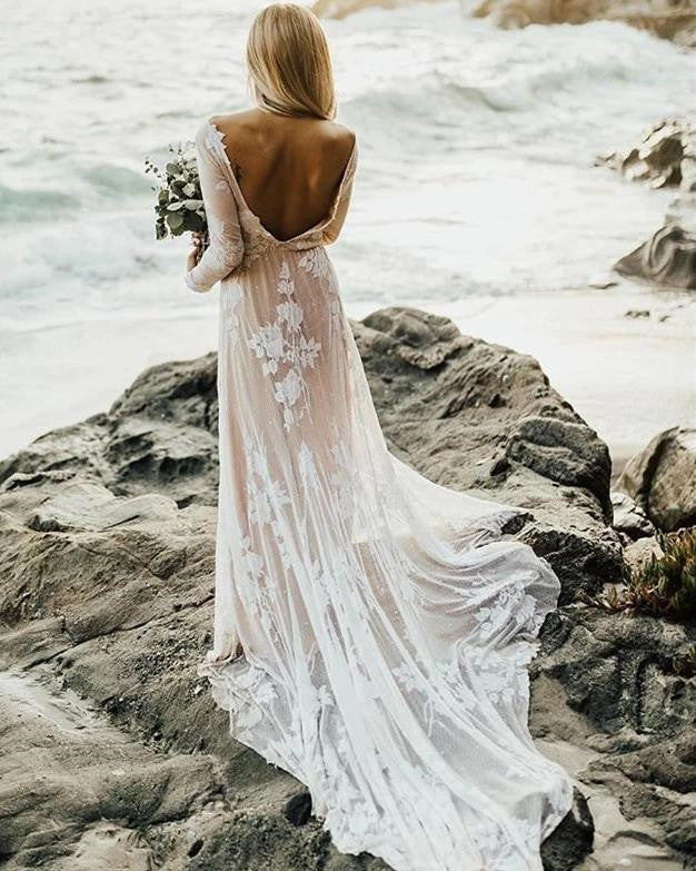 See Through Newest Beach Wedding Dresses, Lace Long Sleeves Wedding Dresses