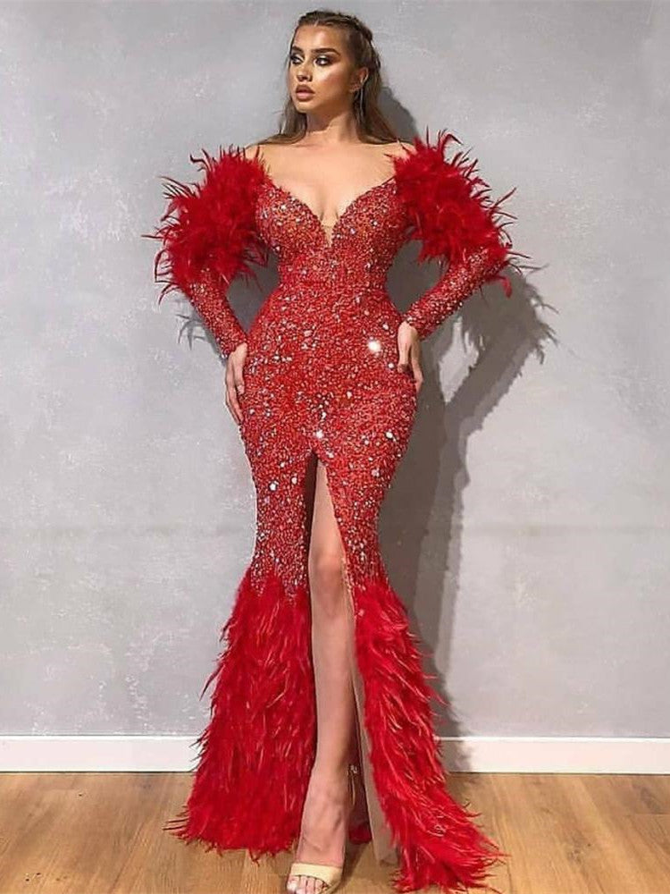 Off The Shoulder Long Mermaid Red Beaded Sequin Prom Dresses, 2021 Prom Dresses