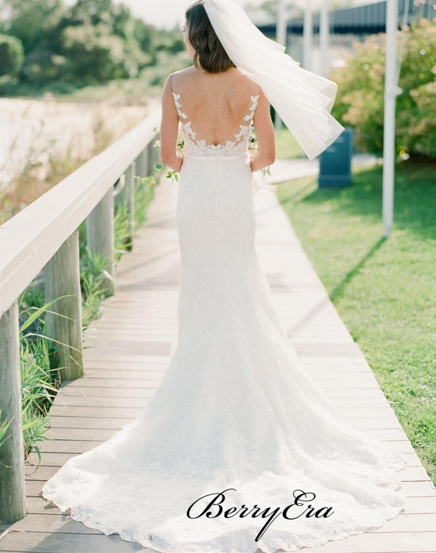 V Back Lace Beach Wedding Dresses, Elegant Lace Summer Wedding Dresses