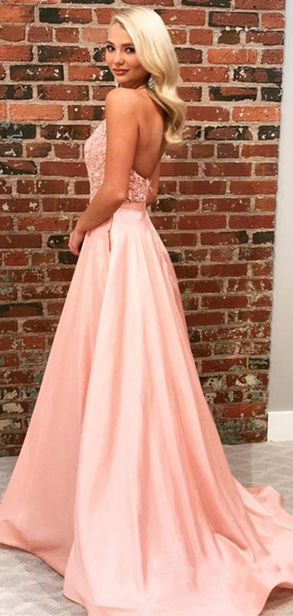 Lace Popular Long Prom Dresses, Evening Party A-line Prom Dresses, Halter Prom Dresses