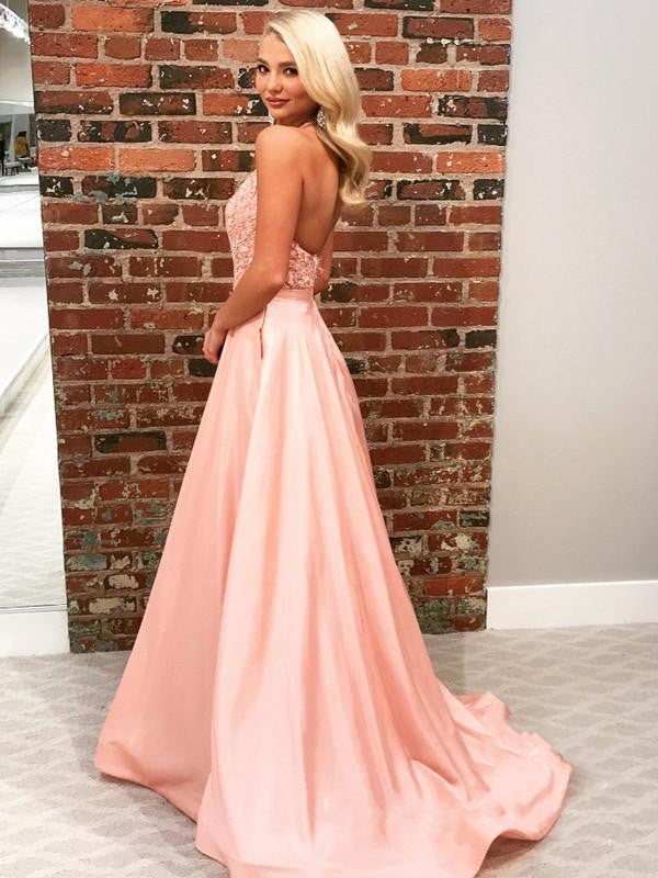 Lace Popular Long Prom Dresses, Evening Party A-line Prom Dresses, Halter Prom Dresses
