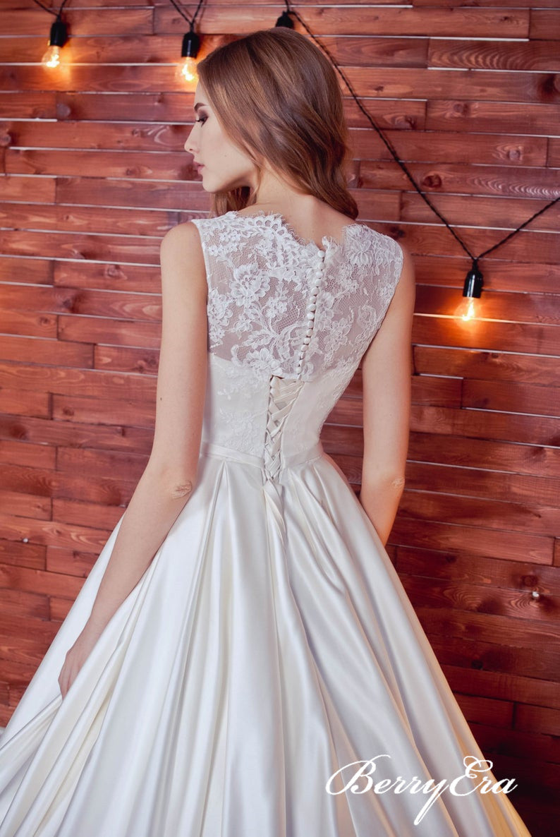 Sleeveless Lace Top A-line Ivory Satin Long Wedding Dresses, Bridal Gown