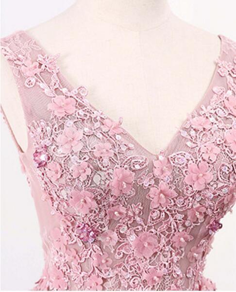 Dusty Pink Lace Appliques Long A-line Prom Dresses