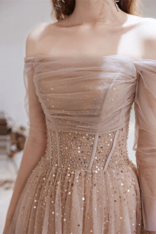 Off Shoulder Nude Champagne Beaded Sequin Prom Dresses, A-line 2021 Prom Dresses