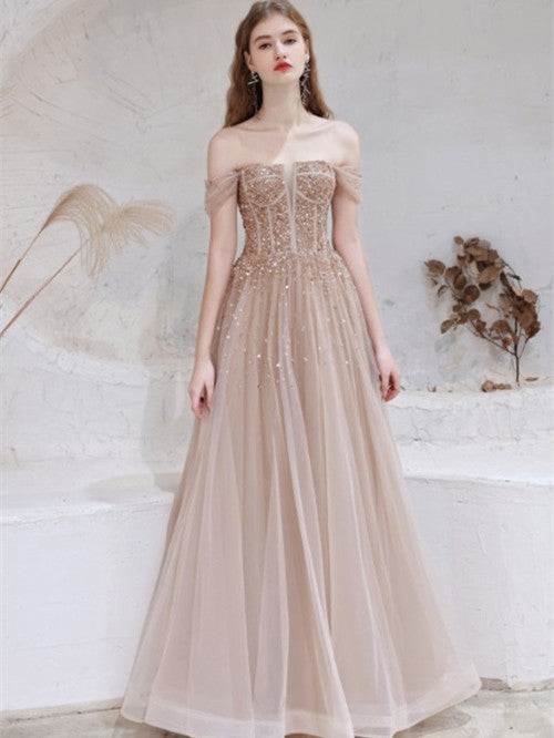 Off Shoulder Long A-line Prom Dresses, Nude Champagne Sequin Tulle Prom Dresses, 2021 Prom Dresses