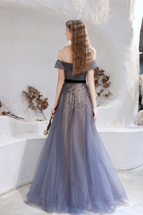 Off Shoulder Dark Grey Tulle Beaded Prom Dresses, A-line Prom Dresses, 2021 Prom Dresses