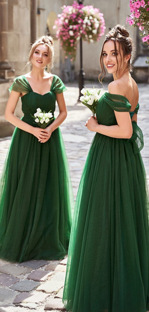 Green Off Shoulder Long A-line Tulle Bridesmaid Dresses, A-line Bridesmaid Dresses, Long Bridesmaid Dresses, RC005