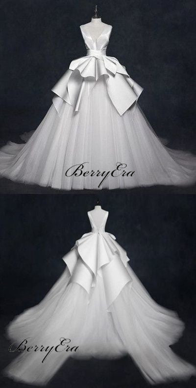 Elegant Long Ball Gown Wedding Dresses, Tulle Satin Wedding Dresses, Bridal Gown