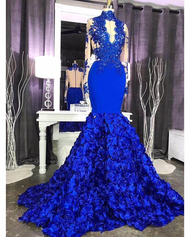 High Neck Royal Blue 3D Roses Long Prom Dresses, Mermaid Prom Dresses, Long Sleeves Prom Dresses