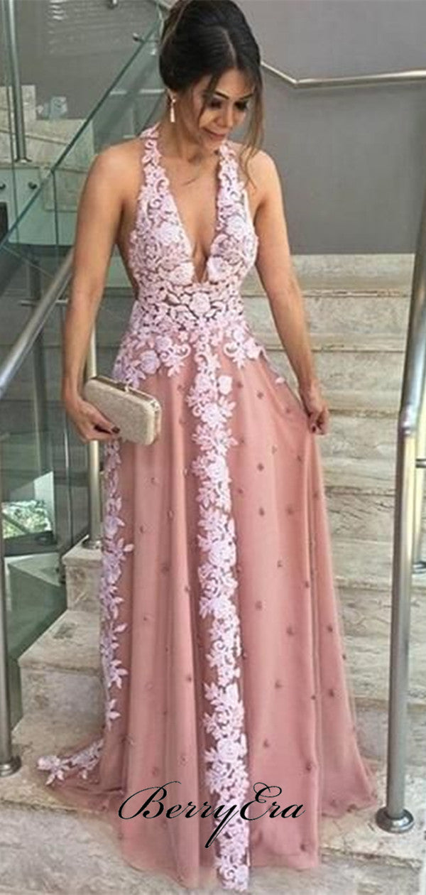 Halter Deep V-neck Lace Prom Dresses, Sexy Prom Dresses Long